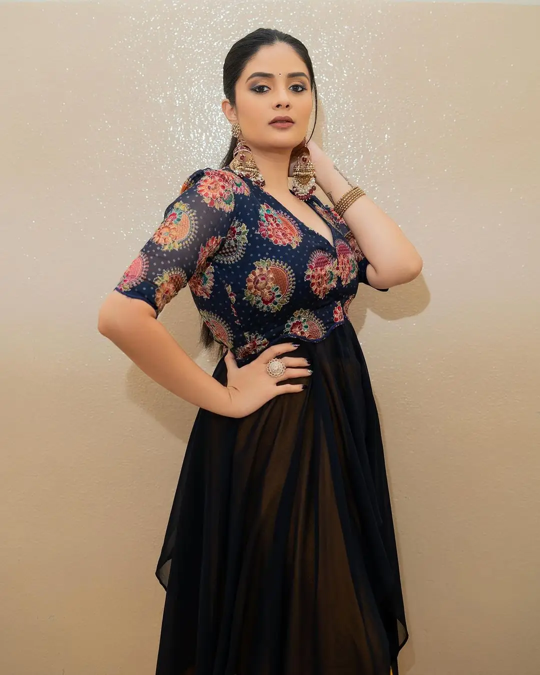 Maa TV Actress Sreemukhi in Orange Lehenga Black Choli